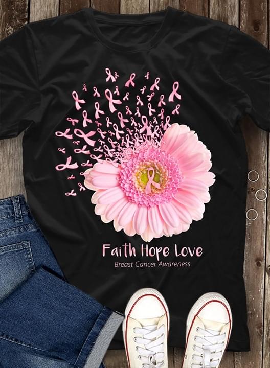 Faith Hope Love Breast Cancer Awareness Black T-Shirt Plus Size Up To 5Xl
