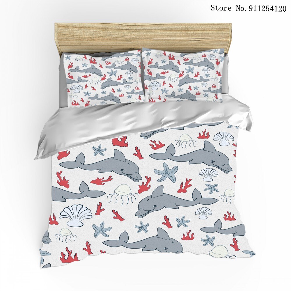 Whale Cartoon Bedding Set 2/3 Piece Cartoon Bed Cover Pillowcase Single Double Bedclothes Sealife Bed Linen Sets Printed Bedding Duvet Covers