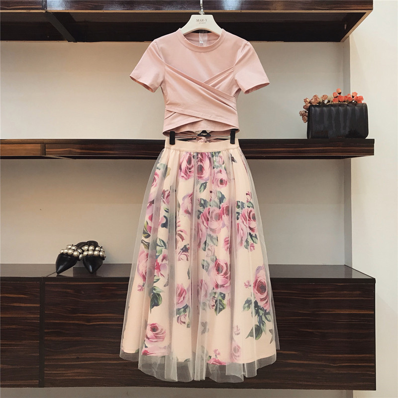 Women Flower Print Mesh Skirt + Irregular Cotton T-shirt Casual 2 Piece Set Bowknot Pink Crop Tops + Floral Mid-Calf Skirt Set alx