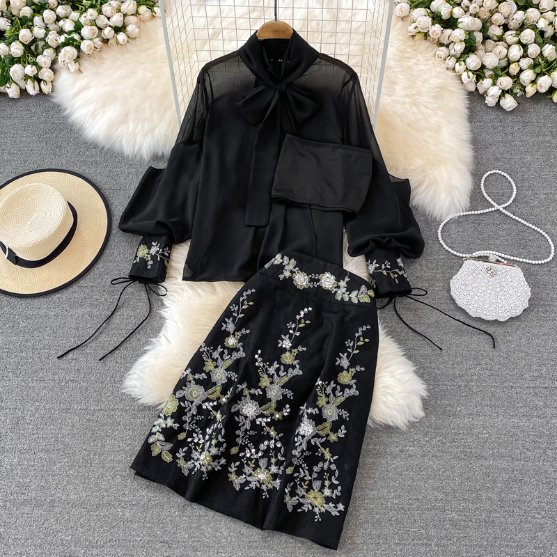 2022 Spring New Fashion Runway Women’s Two Pieces Set Long Sleeve Bow Blouse + Vintage Embroidered Flowers Skirt Suits alx