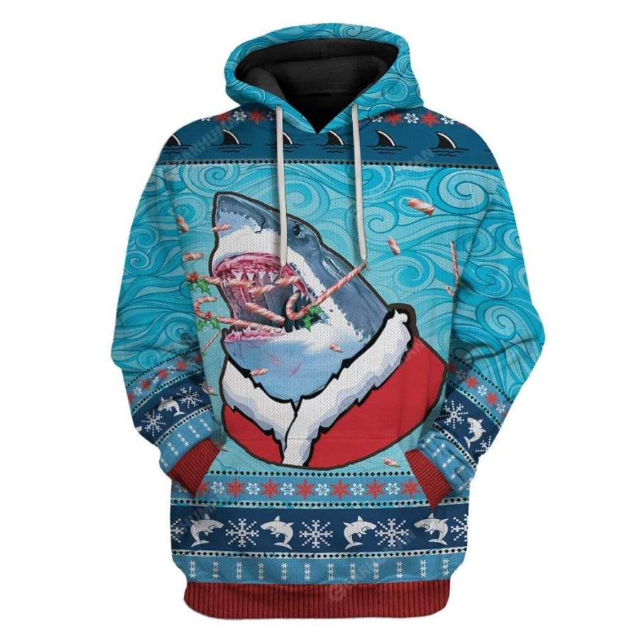 Ugly Santa Shark Biting Candies Christmas Custom Tshirt Hoodies Apparel