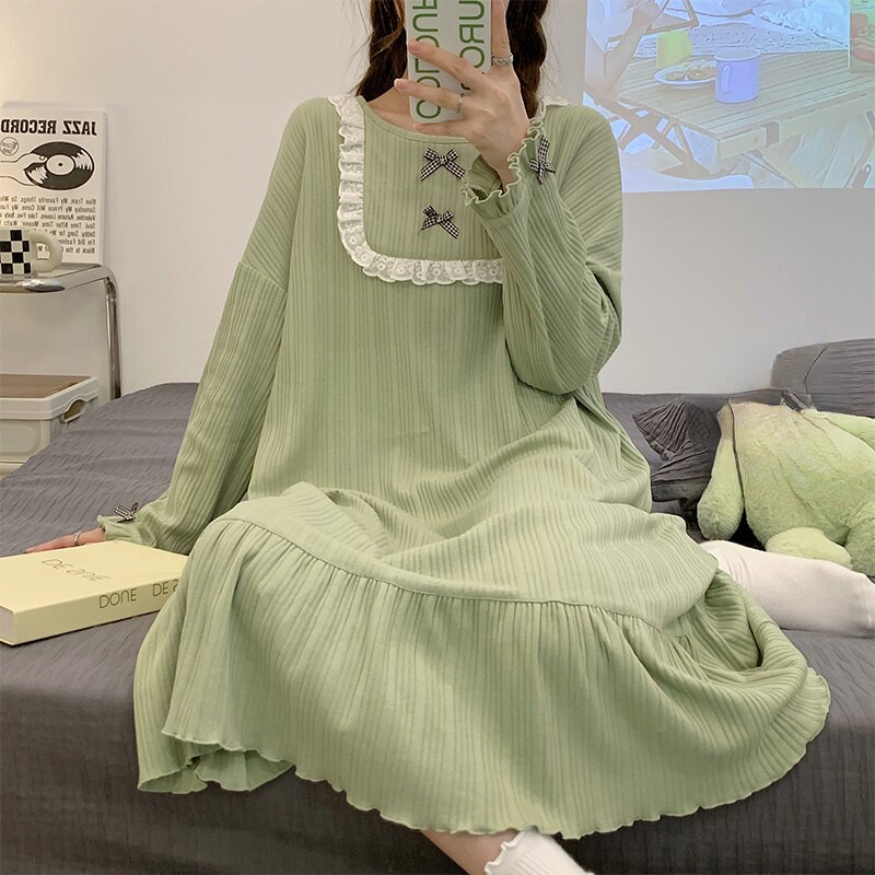 Autumn Winter Cotton Nightdress Women Sleepwear Soft Sleepshirt Long Sleeve Woman Nightgown Young Girl Outwear Nightdress Party alx