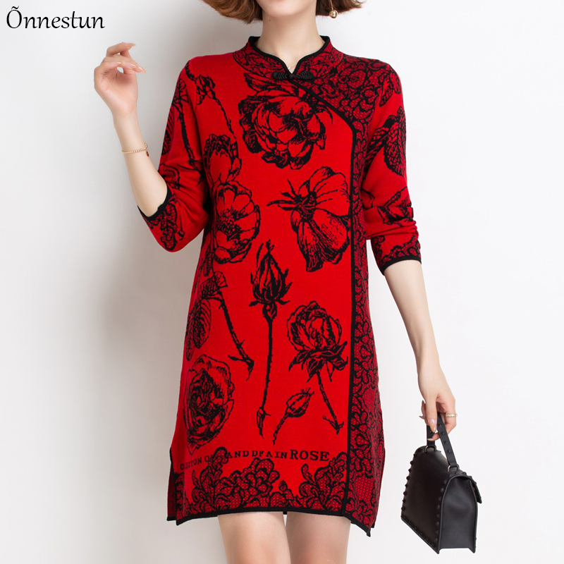 Chinese Style Floral Print Long Sweaters Dress Autumn Women’s Clothing Long Sleeve Top Femme Pullover Plus Size Sweater Women alx