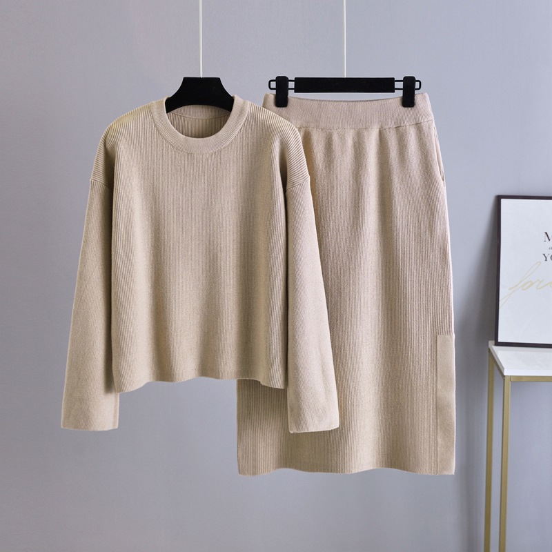 autumn winter o neck knitted sweater suit women’s fashion slim long-sleeved pullover solid skirt set alx