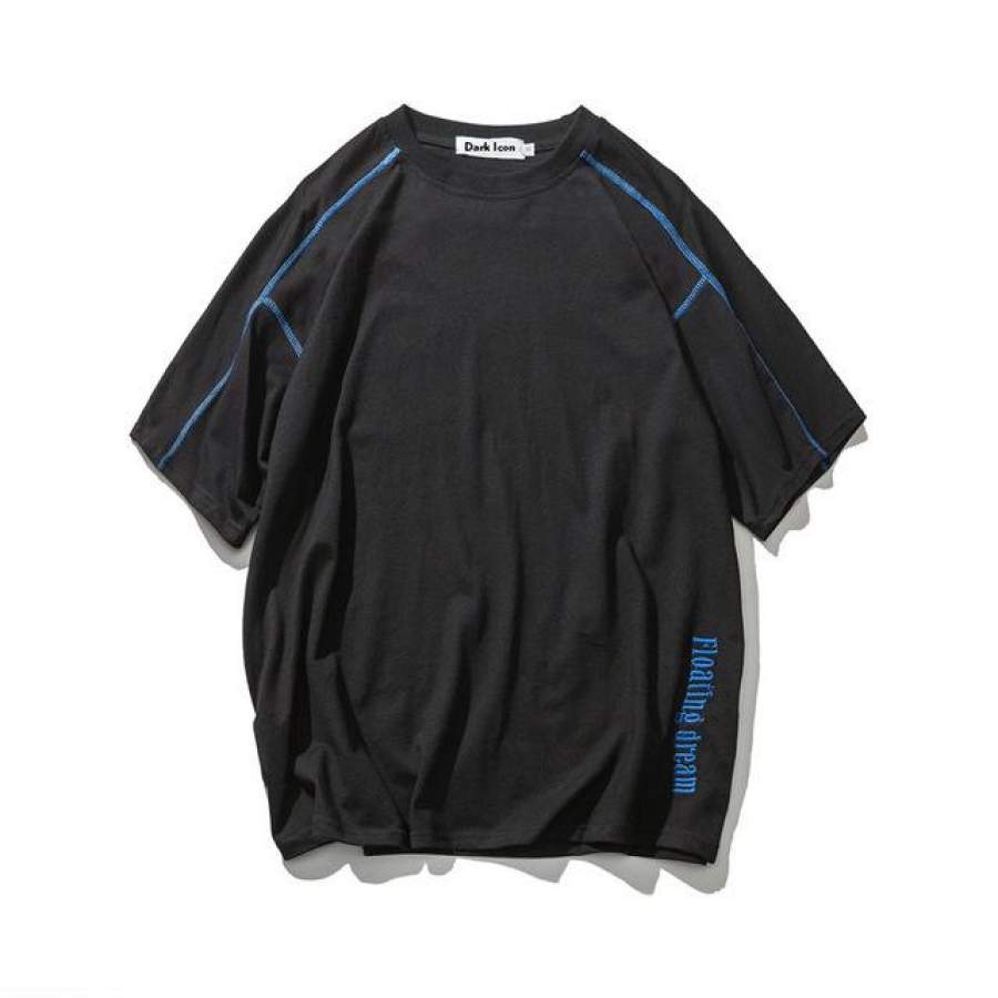 Color Block Thread Floating Dream Letter Embroidery Loose Style T-shirt Men Summer High Street Men’s Tee Shirts Men