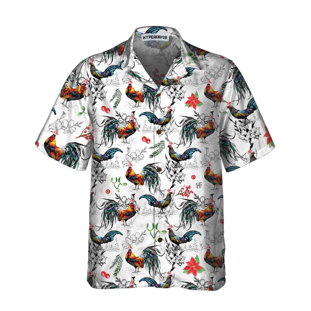 Christmas Chicken With Poinsettia Flower Hawaii Tropical Shirt For Men Ha75972