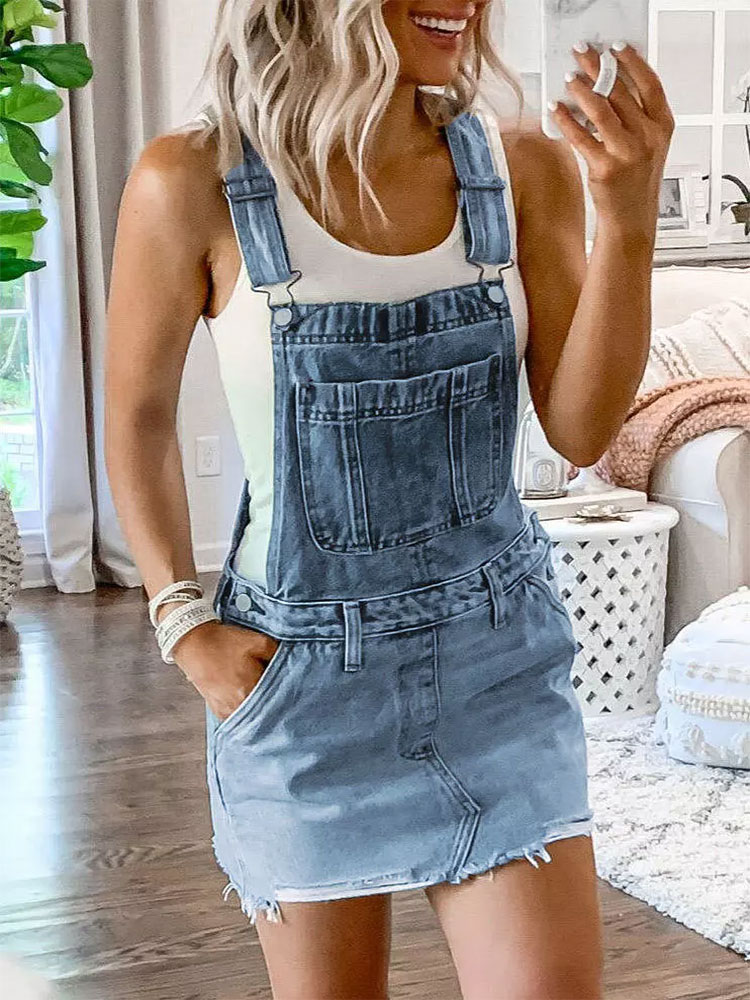 Women’s Overalls Denim Suspenders Dress England Style Jeans Dress Women Frayed Hem Pocket Summer Dress alx