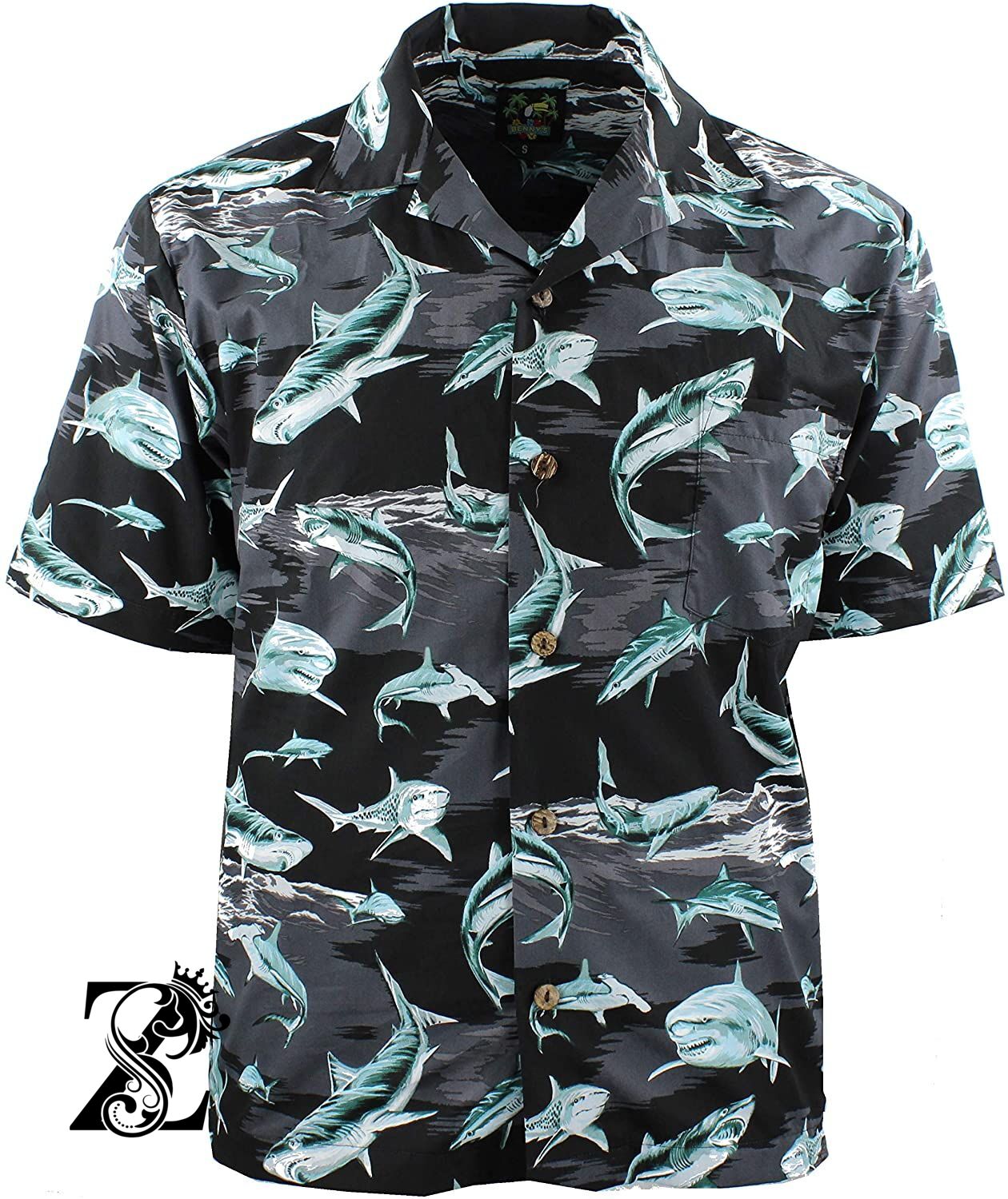 Benny’S Mens Sharks Parrothead Hawaiian Shirt