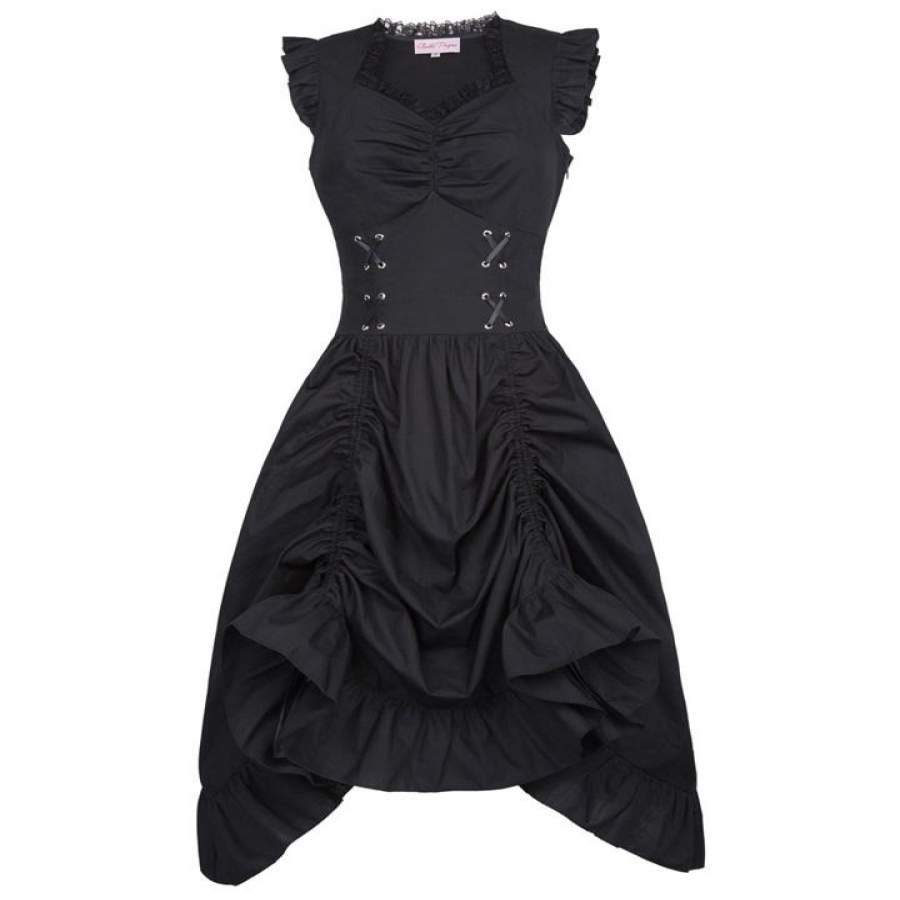 Belle Poque Women Sleeveless V-Neck Lace-up Corset Ruffle Dress 2018 Retro Vintage Steampunk Black Punk Gothic Victorian Dress