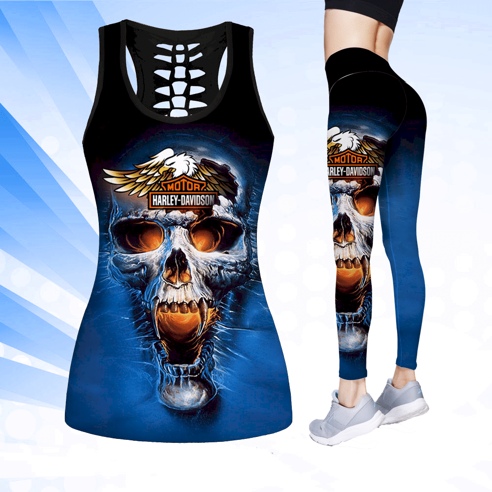 Combo Harley Davidson Blue Skull Hollow Tanktop Leggings Set K1520