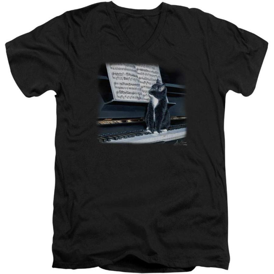 Kitten On The Keys Adult V Neck Slim Fit T-shirt