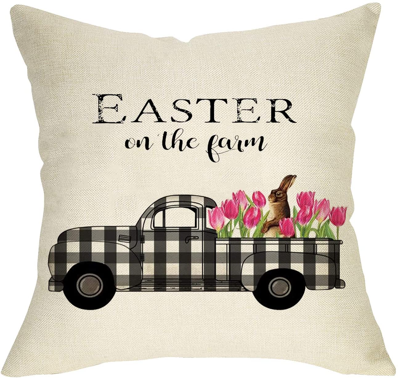 Softxpp Easter On The Farm Throw Pillow Cover Bunny Rabbit Decorative Cushion Case Plaid Truck Tulips Flower Rustic Home Spring Decoration Holiday Farmhouse Pillowcase Decor For Sofa Couch