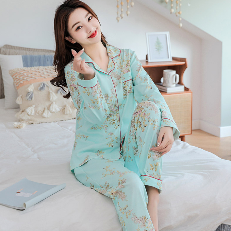 Women Soft 100% Cotton Pajamas Korean PJ Long Sleeves Pijama Button-Down Spring Sleepwear Set Ladies Bedgown Nighties for Women alx