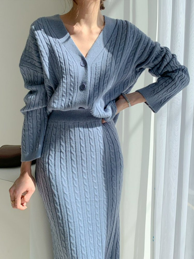 Women’s Autumn and Winter Sweater Suit Skirt Knitted Sweater Women’s Cardigan Coat Bag Hip Knee-length Skirt Suit Women’s Dress alx