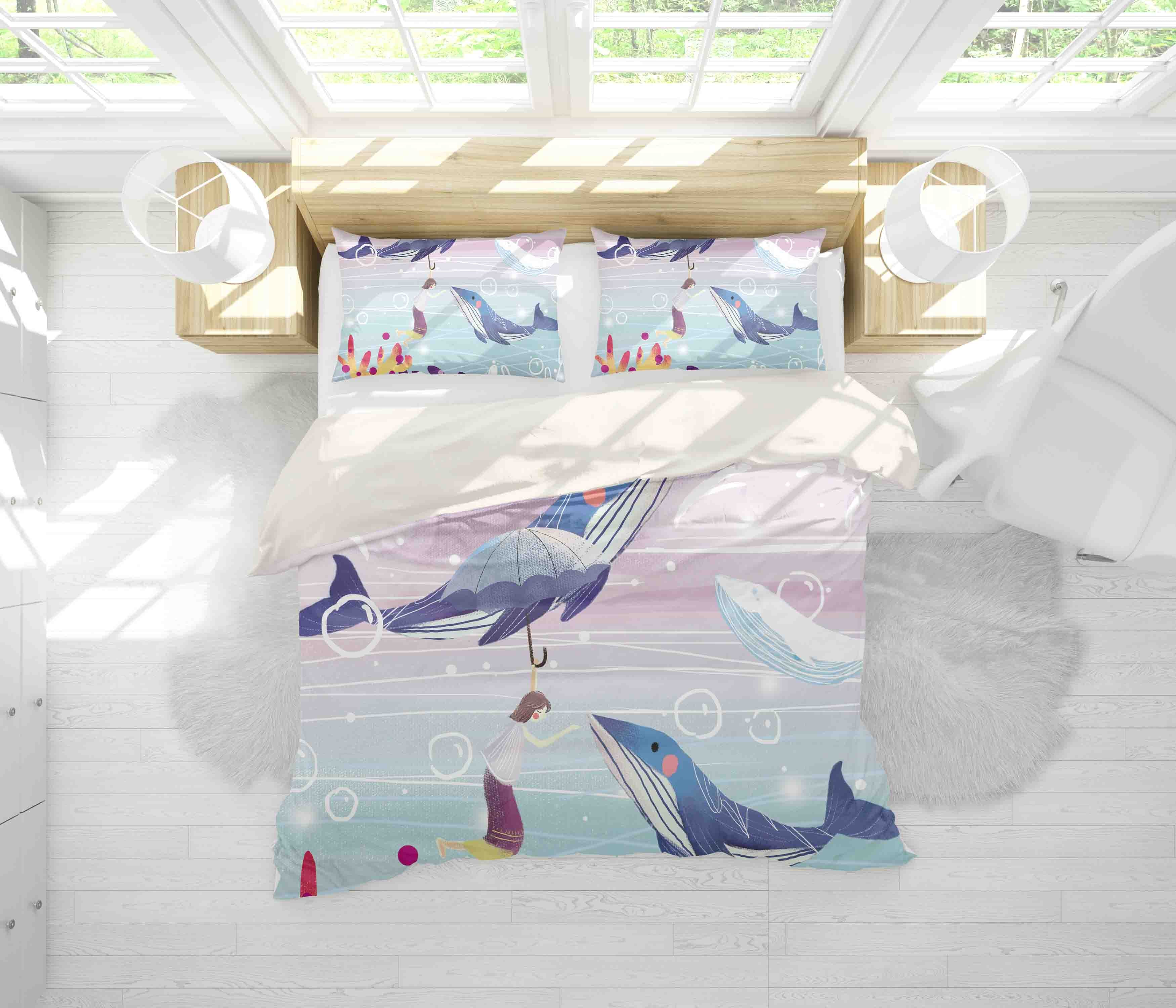 3D Whale Umbrella Girl Quilt Cover Set Bedding Set Pillowcases 86