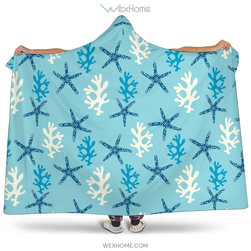 Blue Starfish Coral Reef Pattern Hooded Blanket