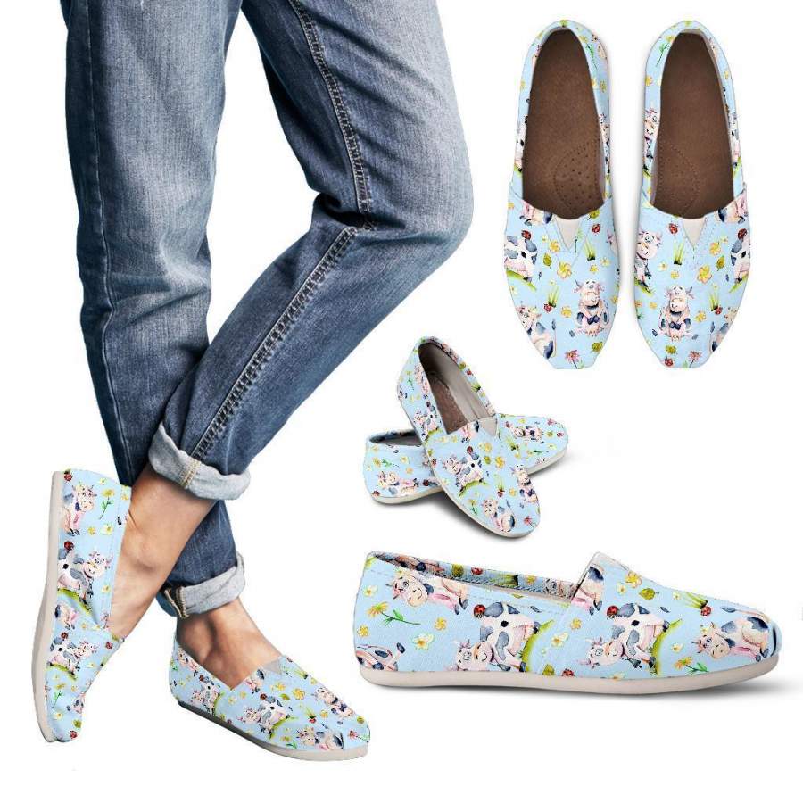 Watercolor Cartoon Cow Pattern Print Women’s Casual Shoes