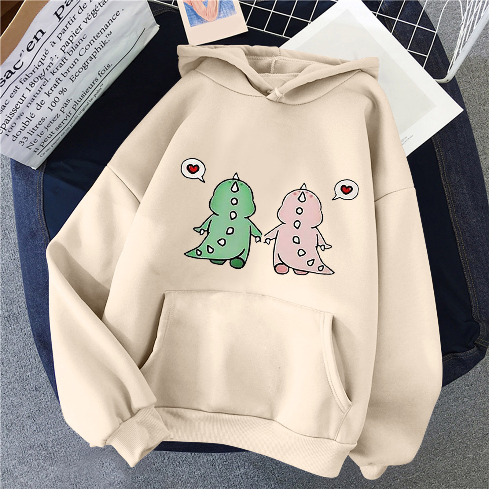 Women’s Korean Fashion Casual Couple Dinosaurs Printed Long-sleeved Hooded Aesthetic Sweatshirt Hoodies Sudaderas alx