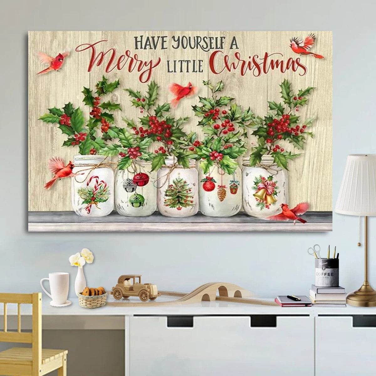 Christmas Cardinal Merry Little Christmas Candy Cane Canvas Prints Poster Wall Art