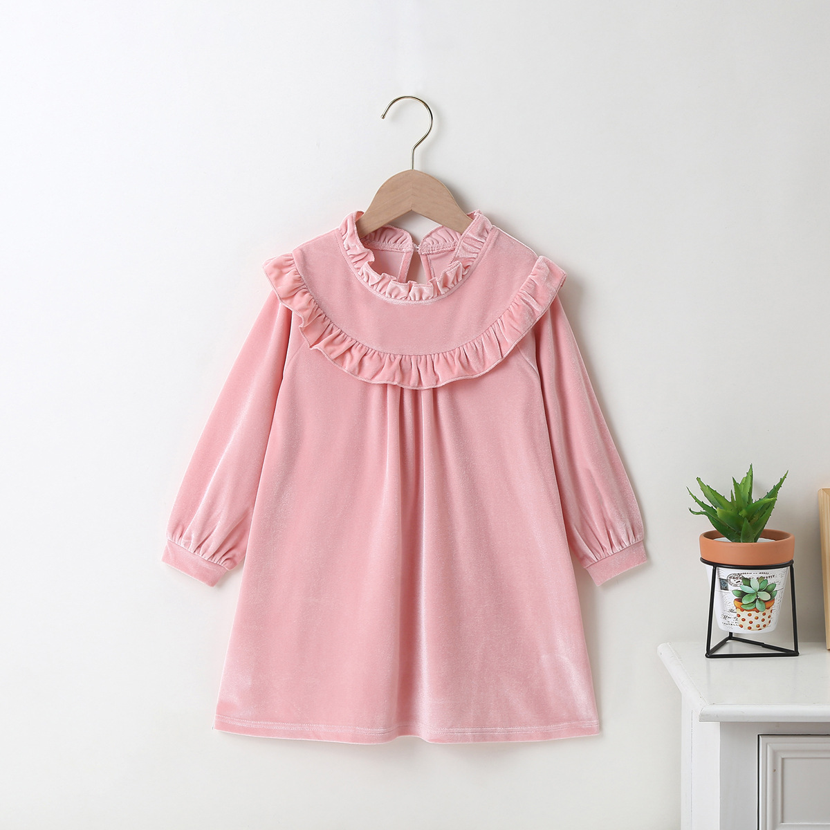 Autumn Winter 2022 New Girls Dress Long Sleeve Velvet Ruffles Collar Wine Red Solid Cute Sweet Baby Vestidos 2-6T alx