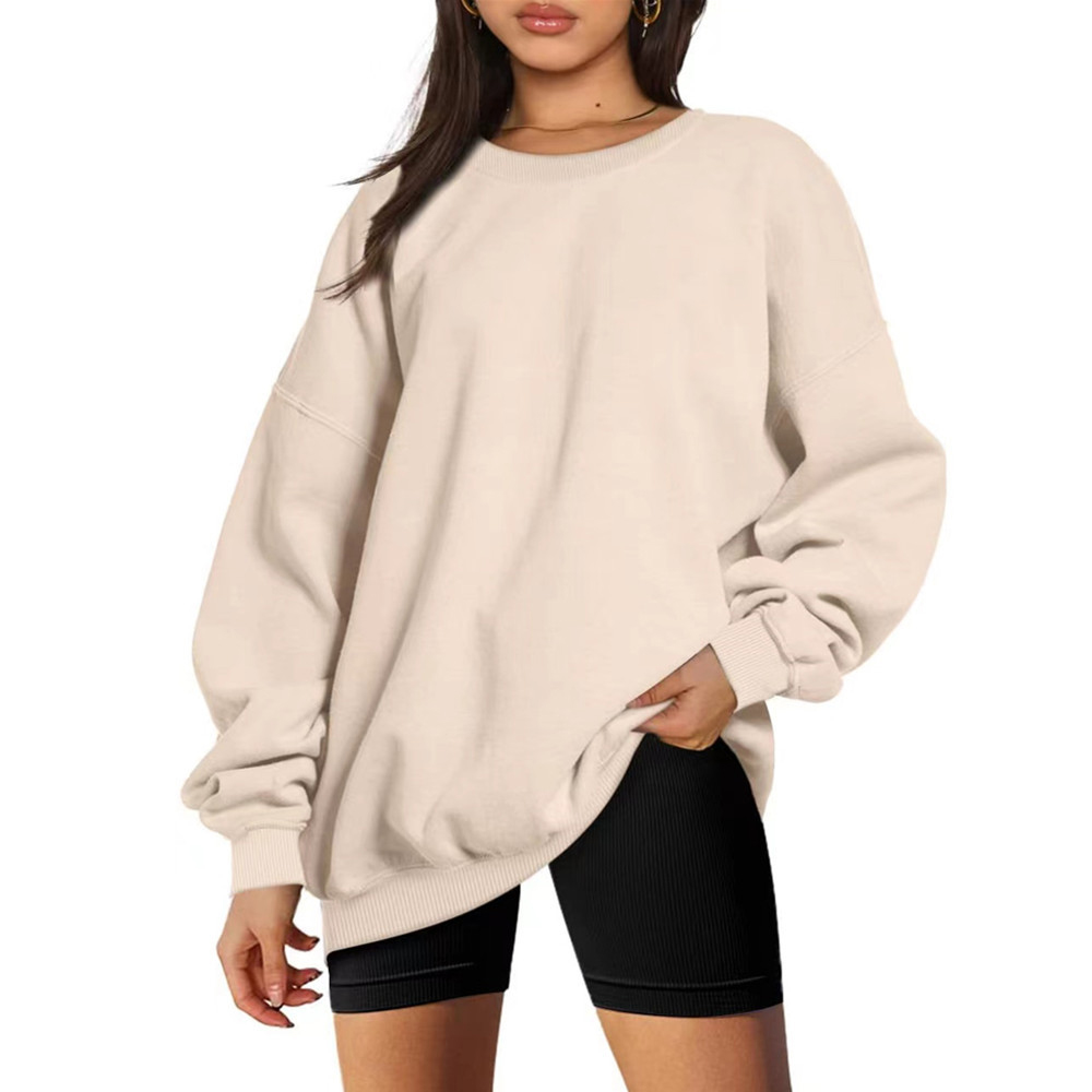 Woman Solid Color O-Neck Sweatshirt Casual Loose Fit Hoodie Harajuku Aesthetic Streetwear Velvet Pullover Black Tops Korean Pop alx