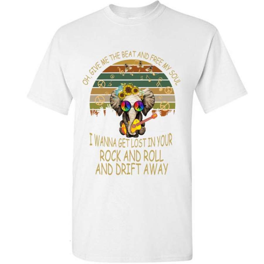 Oh, Give Me The Beat And Free My Soul, I Wanna Get Lost In Your Rock And Roll And Drift Away, Elephant Retro Peace Sign – Gildan Short Sleeve Shirt