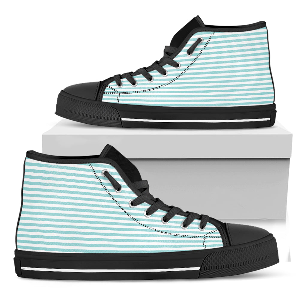 White And Cyan Striped Pattern Print Black High Top Shoes