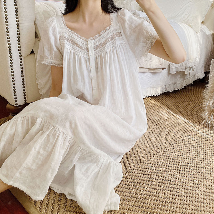 Spring Women’s Sleepwear Princess Cotton Crepe Long Sleeves Lace Pleated Pajamas Sleepshirts Lace Vintage Lady Nightgown Nightie alx