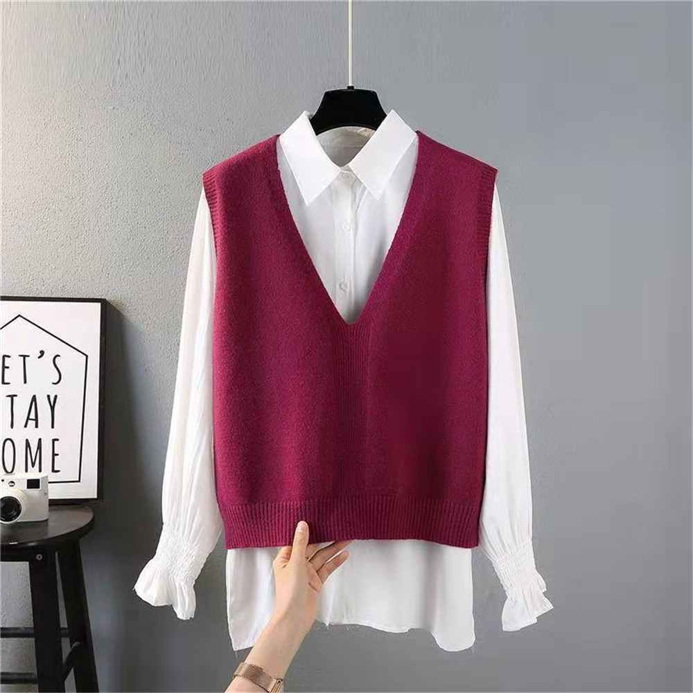 2022 Korean Style Loose Fashion Solid Autumn Simple Elegant Basic Vintage All-match Casual V-neck Female Sweater Vests Womens alx