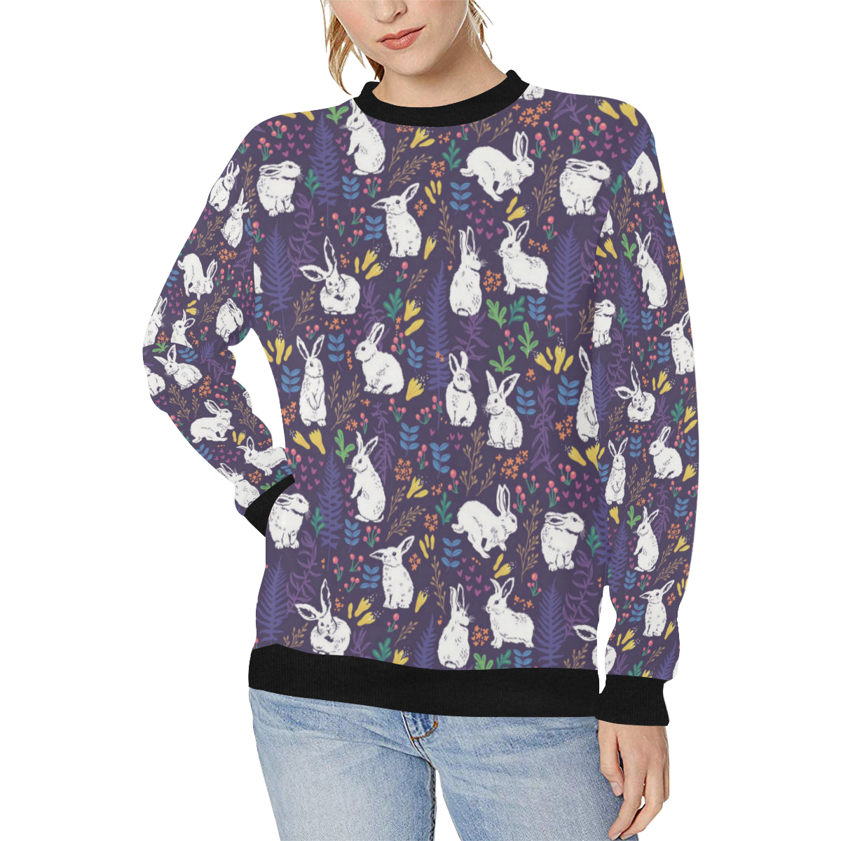 Rabbit Leaves Pattern Women’s Crew Neck Sweatshirt