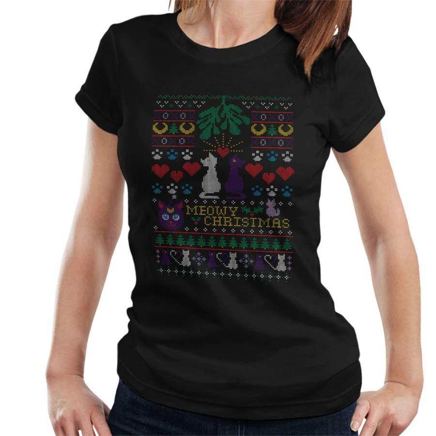 Sailor Moon Luna And Artemis Cats Meowy Christmas Women’s T-Shirt