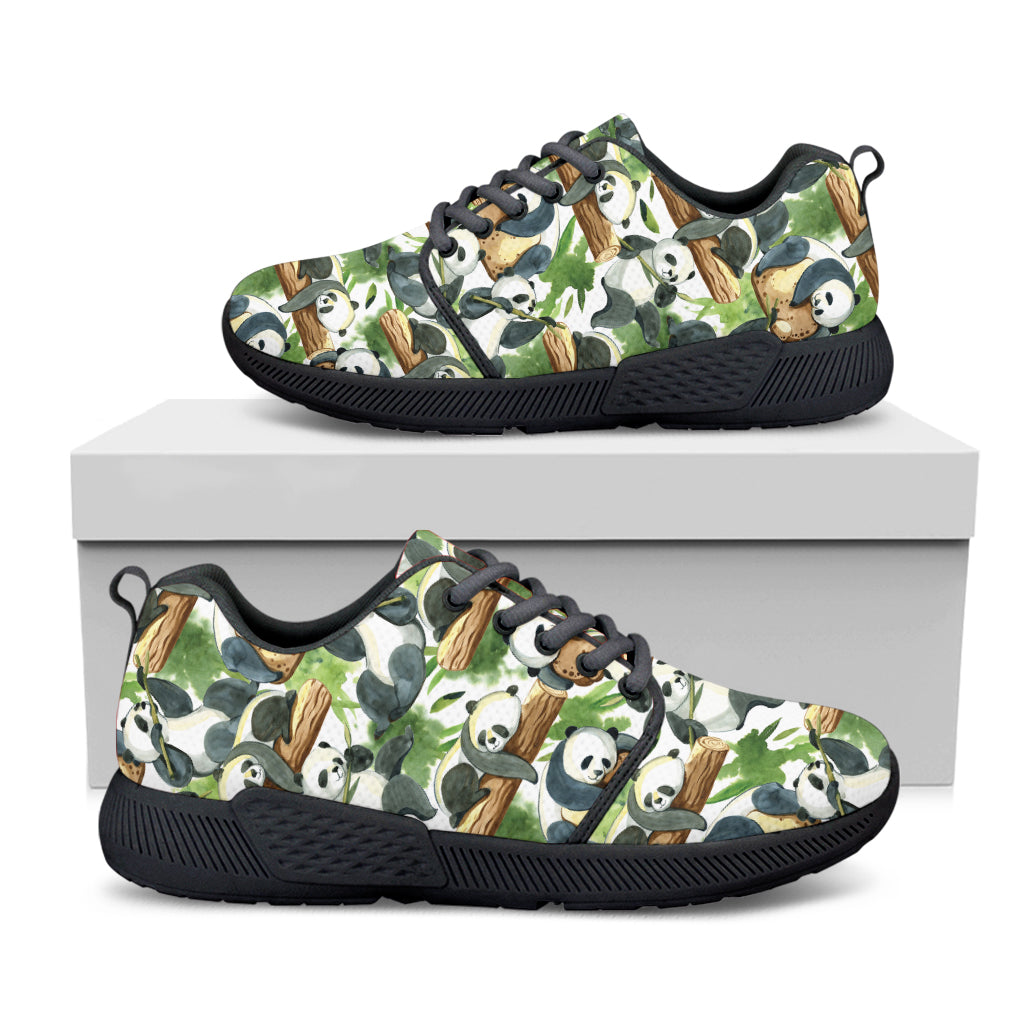 Watercolor Panda Bear Pattern Print Black Athletic Shoes