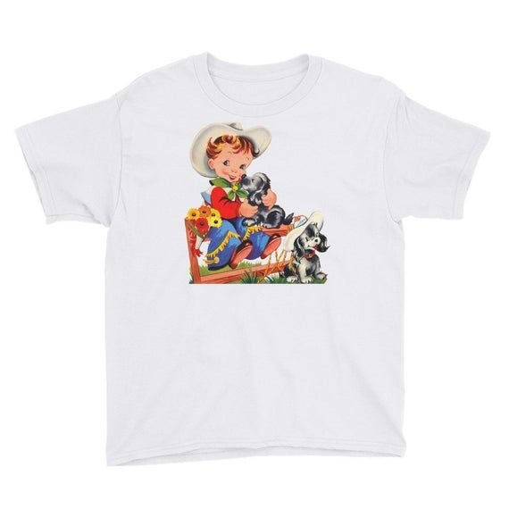 Youth Short Sleeve T Shirt Cowboy cowgirl vintage western child puppy dog tshirt Western cowboy Old Fashion style PeachTeaMonograms etsy