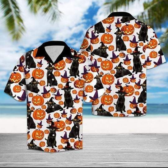 Black Cat Halloween Pattern Polyester Hawaii Aloha Shirts Ha100522