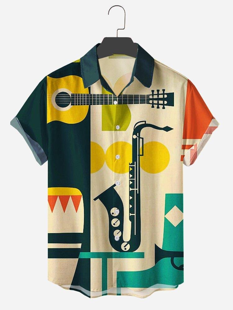 Men Vintage Guitar And Saxophone Print Hawaiian Lapel Shirt