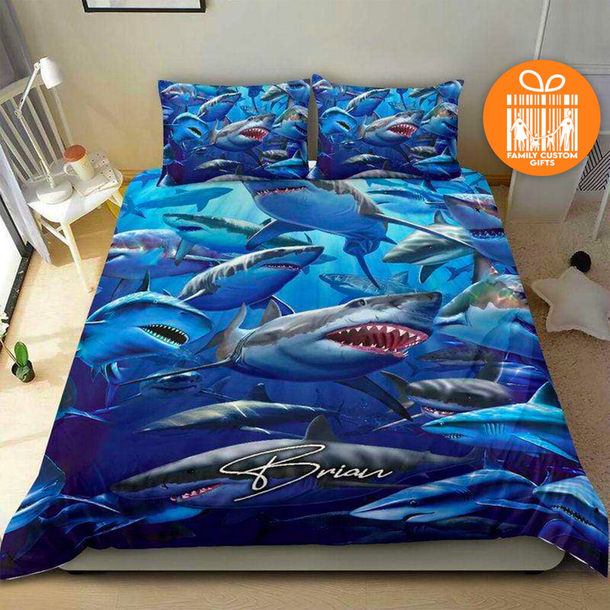 Custom Quilt Sets For Kids Teens Adult Shark Fish Print Personalized Quilt Bedding