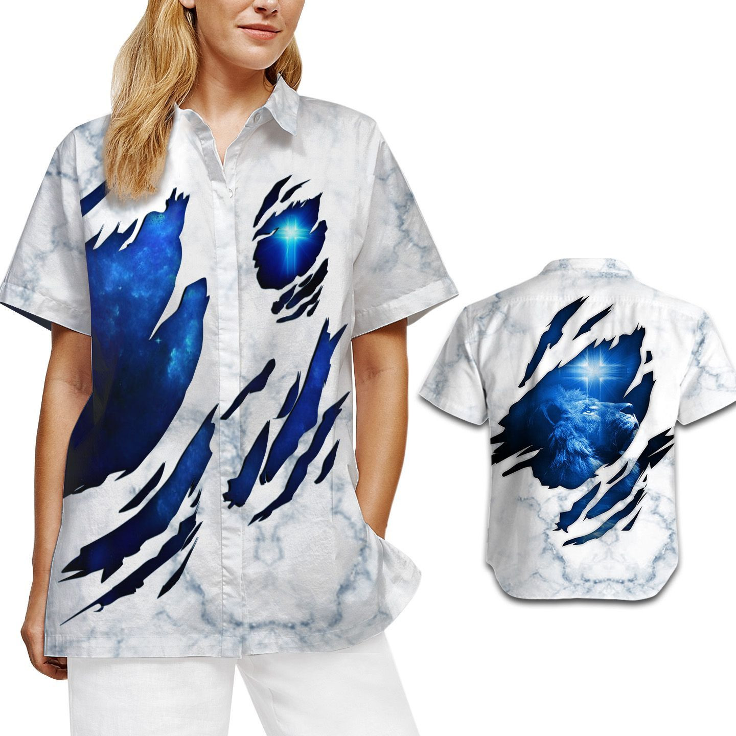 Blue Light Jesus Cross With Lion Torn Fabric Women Hawaiian Shirt – Gift For Lion Lovers