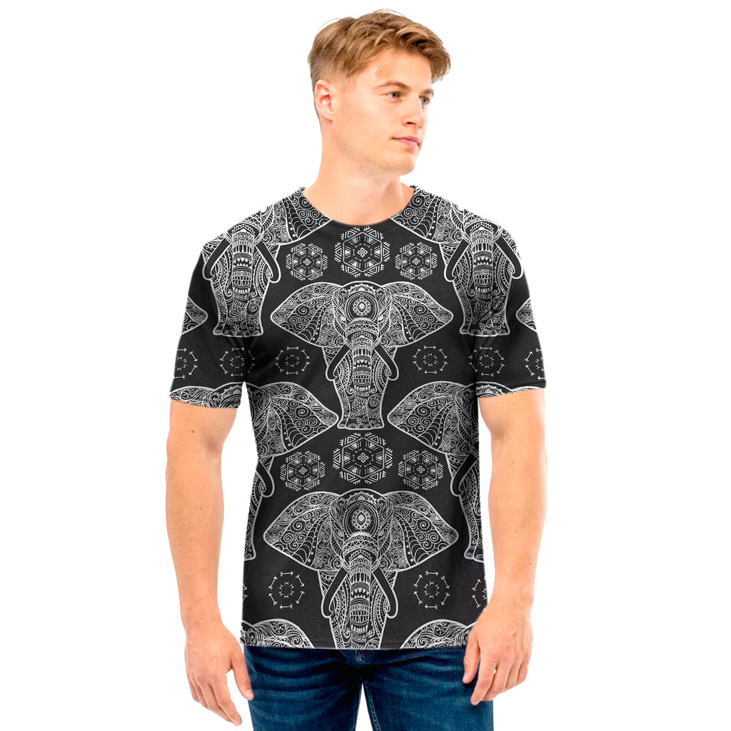 Black And White Boho Elephant Print Men’S T-Shirt