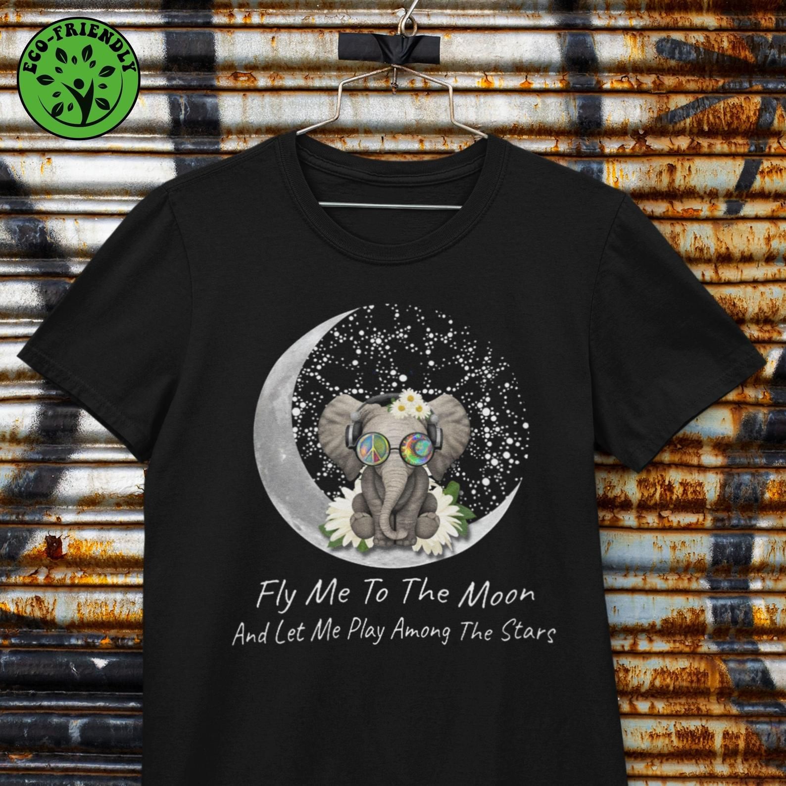 Fly Me To The Moon Song Lyrics T-Shirt Frank Sinatra Shirt Elephant Wearing Glasses Sitting On The Moon Black Eco Tee Stars