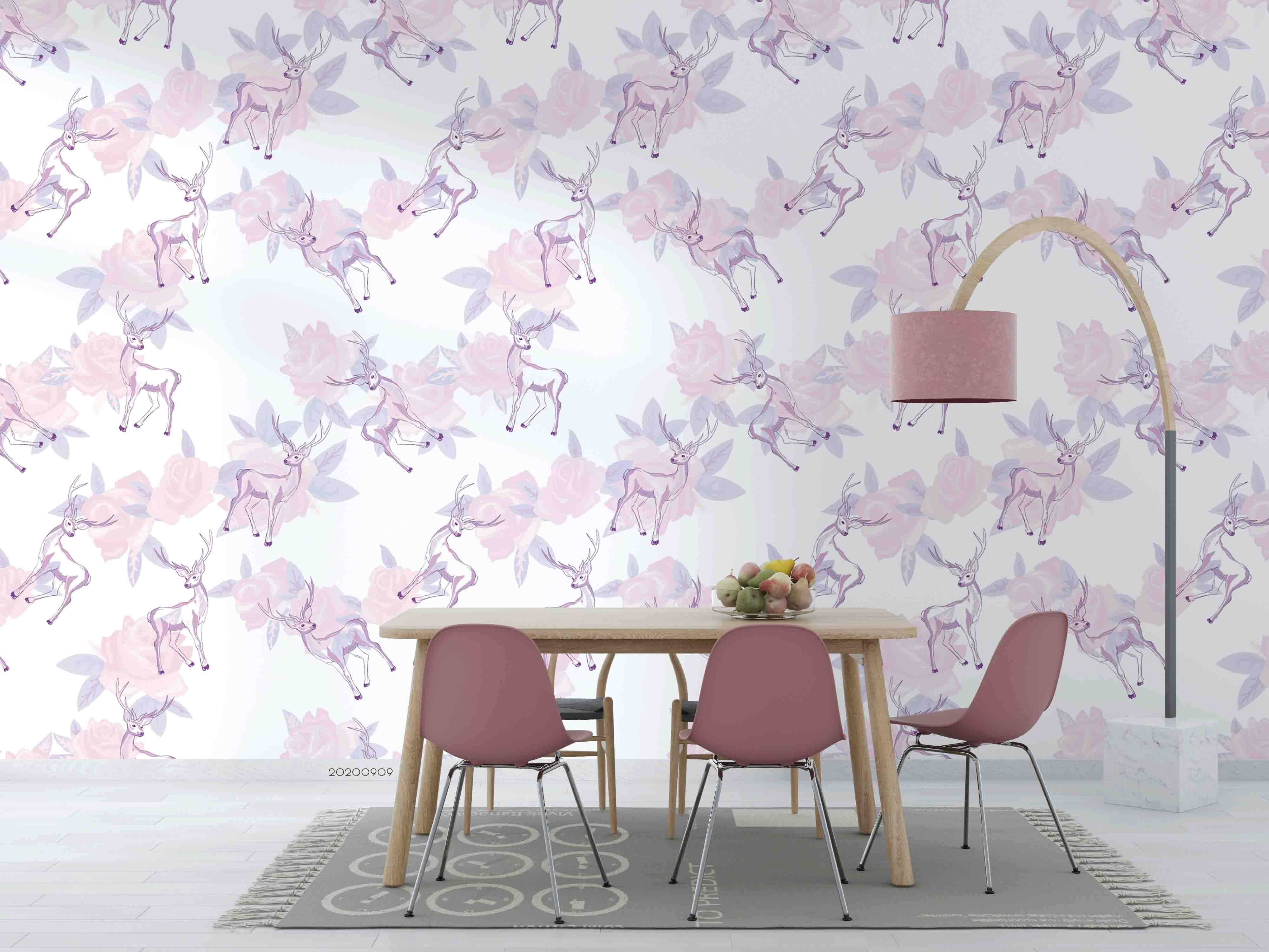 3D Pink Floral Plant Pattern Deer Animal Wall Mural Wallpaper Lxl