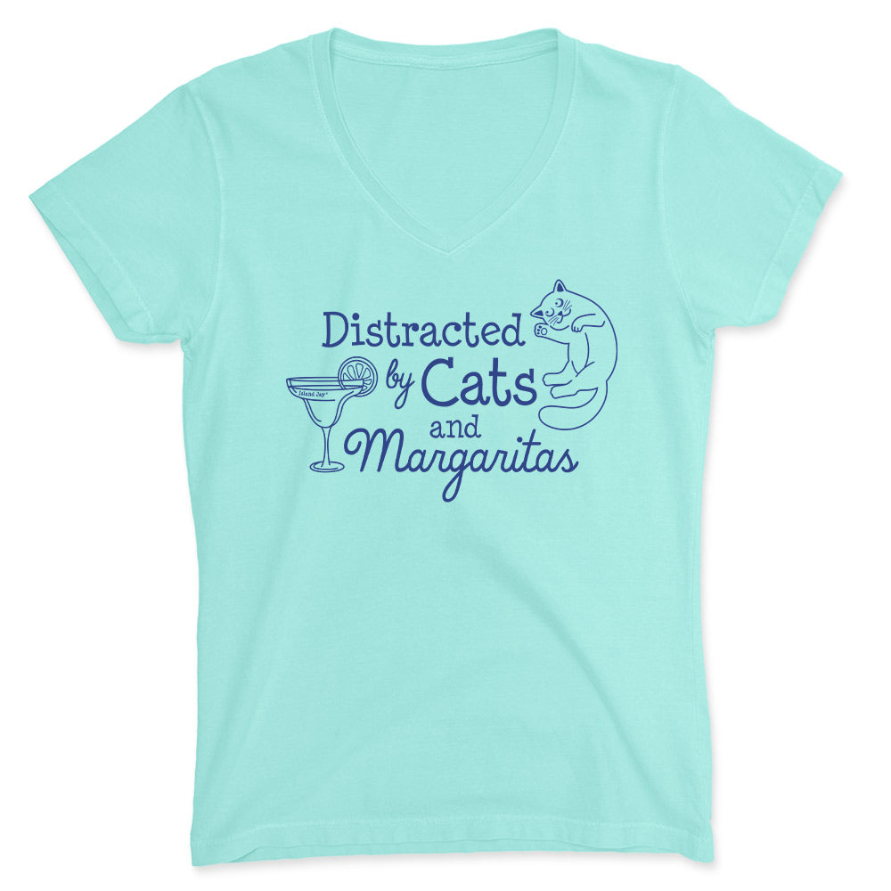 Women’S Distracted By Cats & Margaritas V-Neck T-Shirt