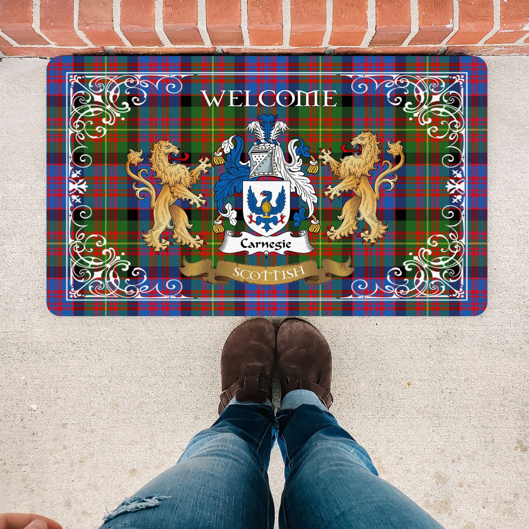 Scotstee Shop Tartan Door Mat The Family Carnegie Ancient Scottish Plaid Doormat, Welcome Mat, Christmas Door Mat