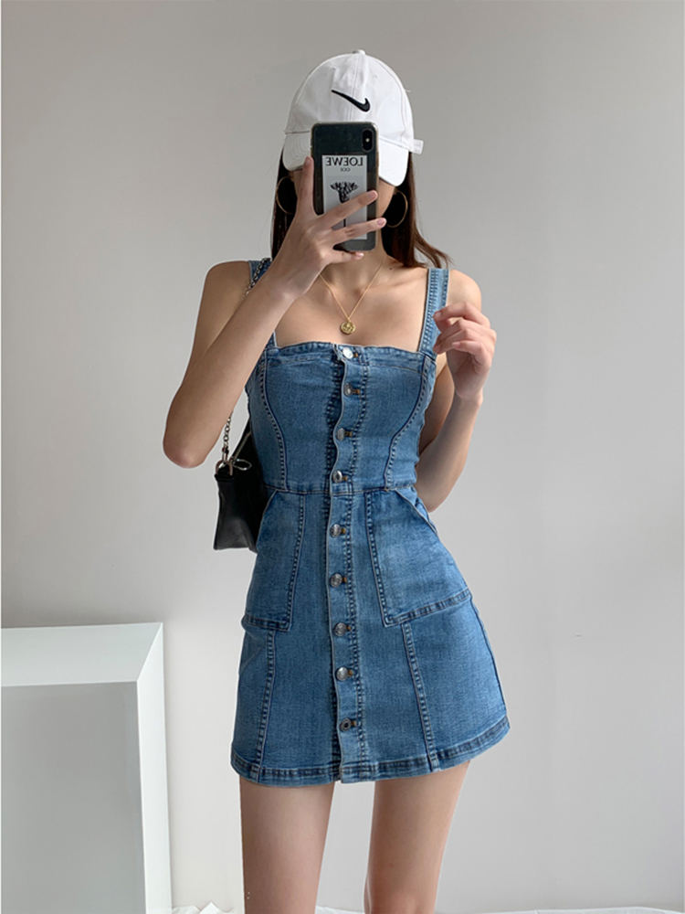 Women Denim Dress Summer New Sexy Straps Skinny Short Skirt Blue Korean Fashion Classic Streetwear One Word Collar Jean Dress alx