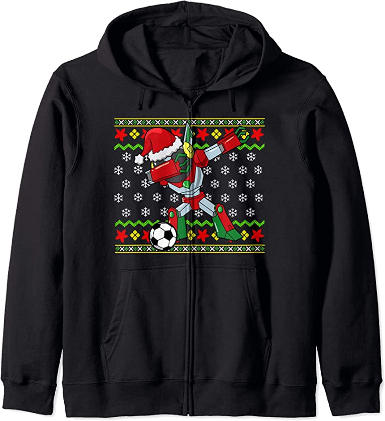 Soccer Dabbing Robot Ugly Christmas Pattern Gift Zip Hoodie