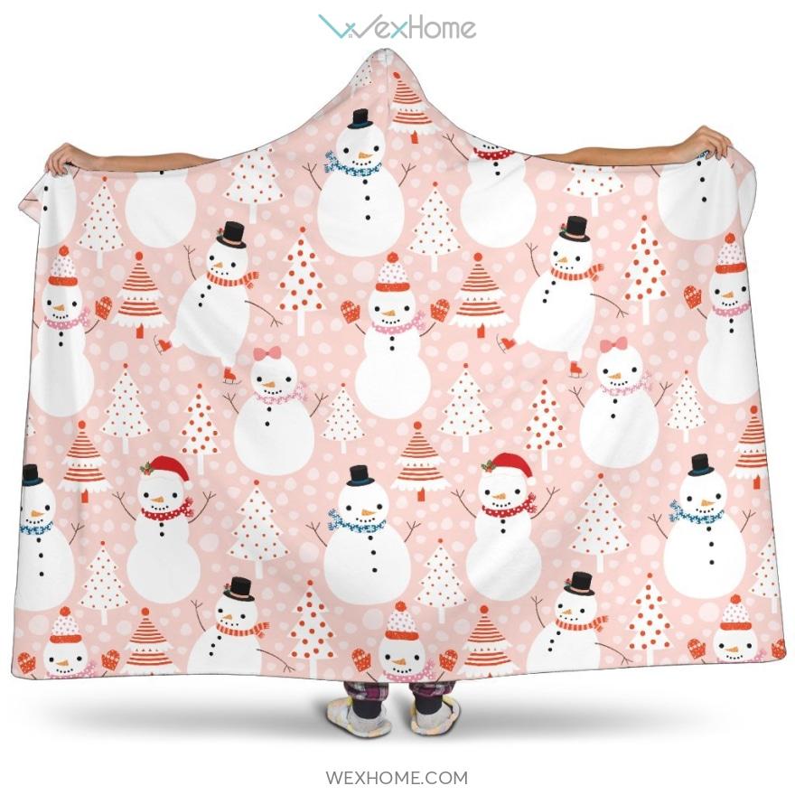 Cute Snowman Christmas Tree Snowpink Background Hooded Blanket