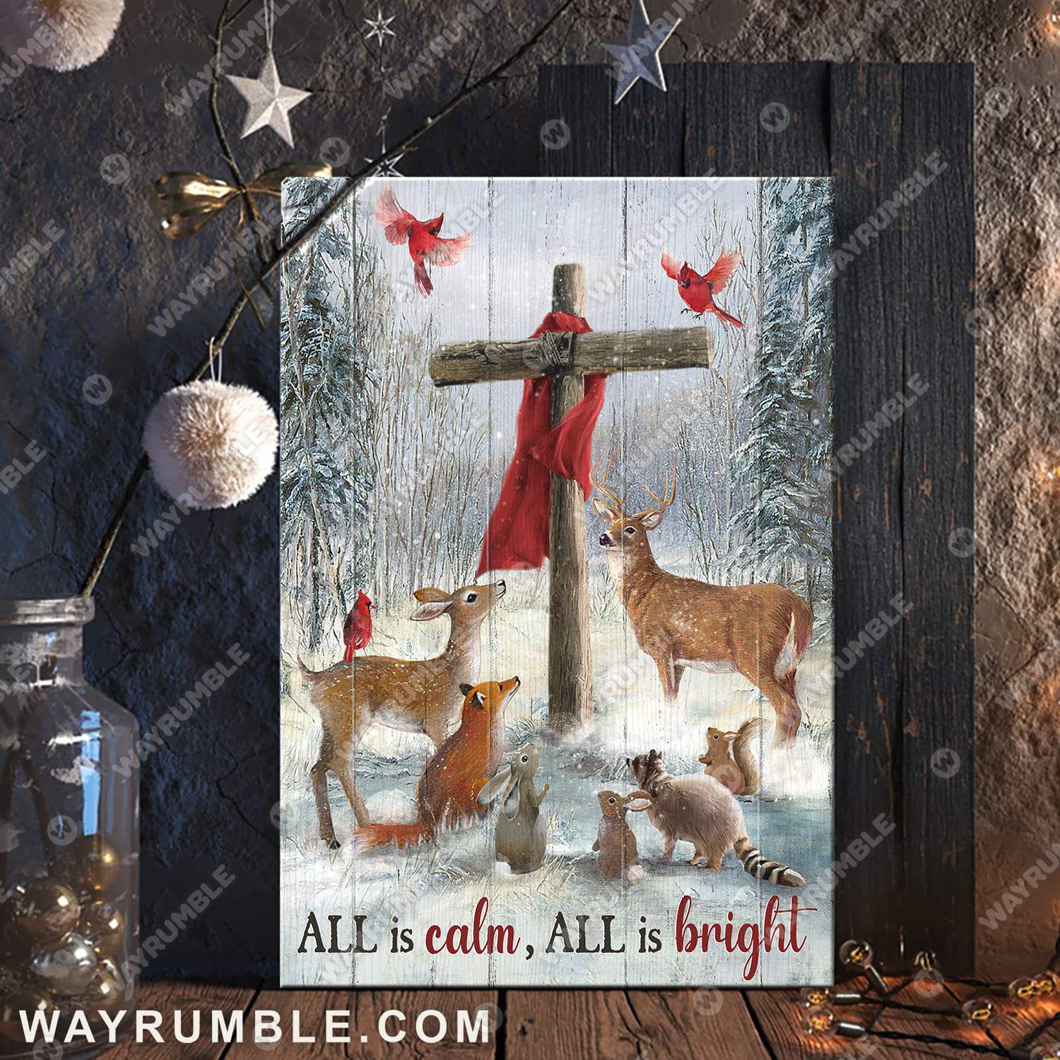 Animal Painting, Wooden Cross, All Is Calm All Is Bright – Jesus Portrait Canvas Prints, Wall Art