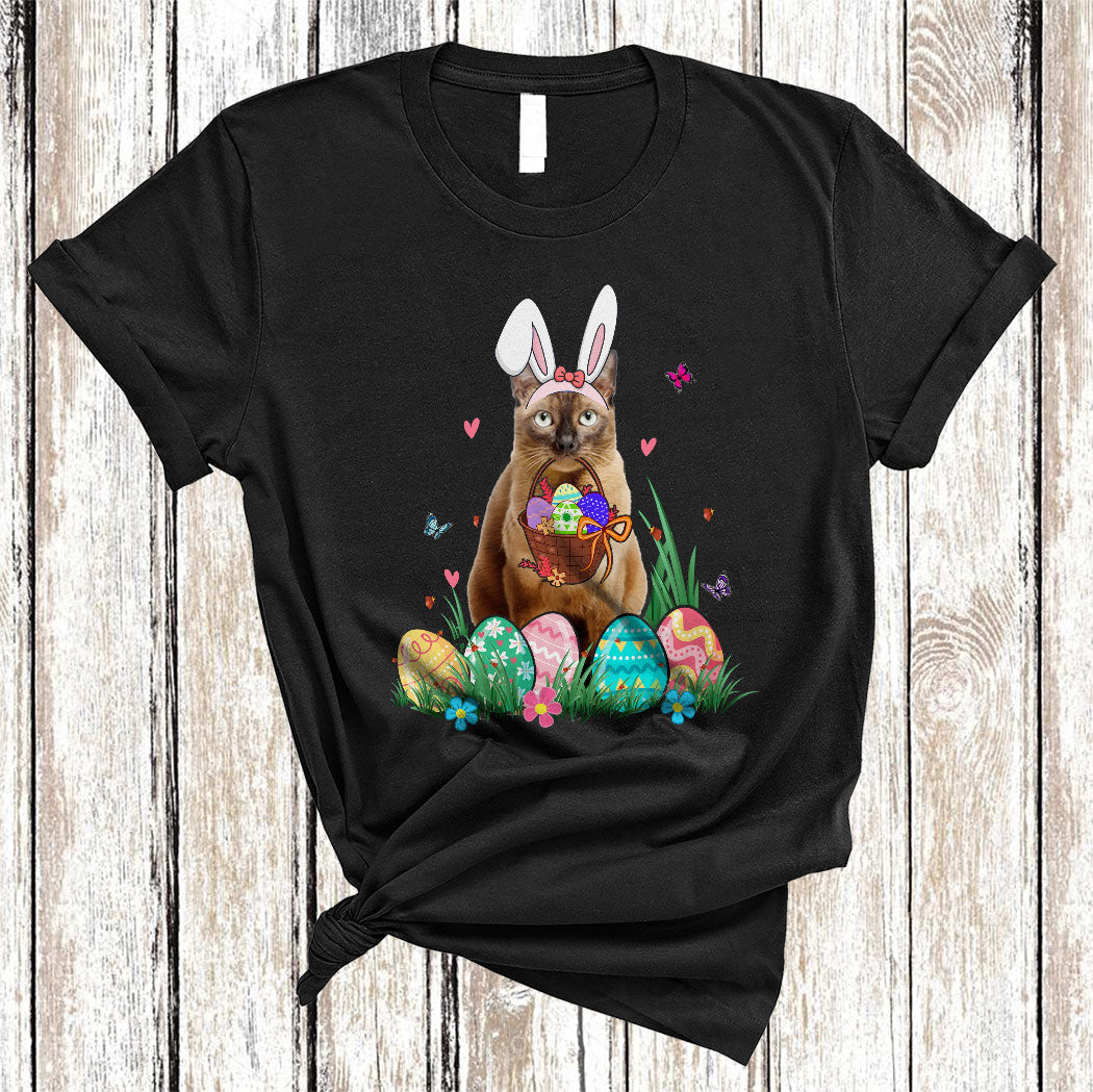 Bunny Burnese Cat With Easter Egg Basket Funny Easter Day Flower Egg Hunt Cat Lover Gifts T-Shirt