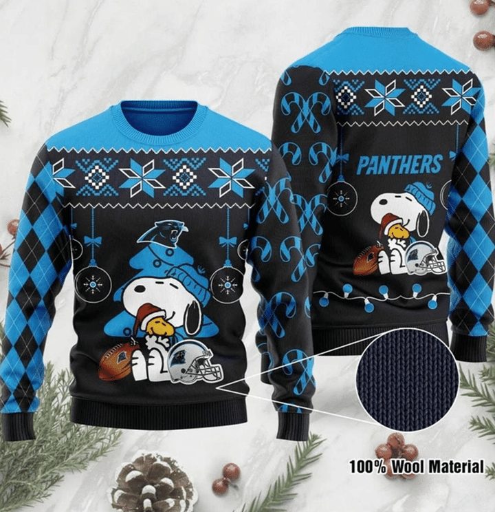 Carolina Panthers Snoopy Ugly Christmas Black Gift For Fan Ugly Wool Sweater Christmas