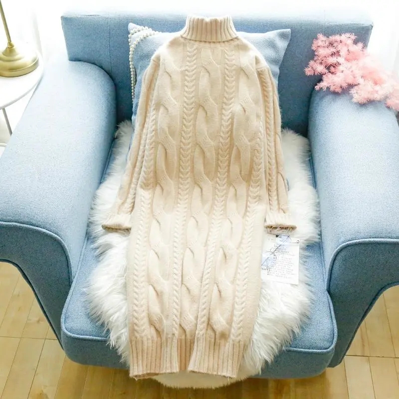 New Winter Turtleneck Twist Knitting Dresses Women Warm Candy Color Rib Knited Pullover Dress Elegant Chic Solid Sweater Dresses alx