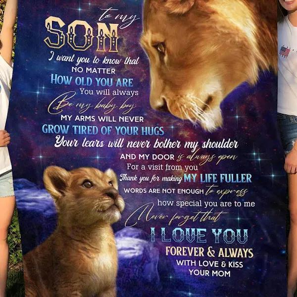 To My Son I Love You Forever & Always Lions Galaxy Fleece Blanket Gift For Son From Mom Home Decor Bedding Couch Sofa Soft And Comfy Cozy